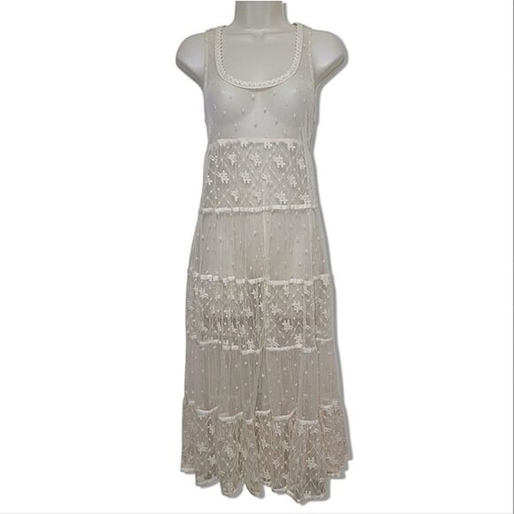 Billabong Maxi Lace Cream Sleeveless Tier Layered Boho Dress Layering Swim Cover - Picture 2 of 9